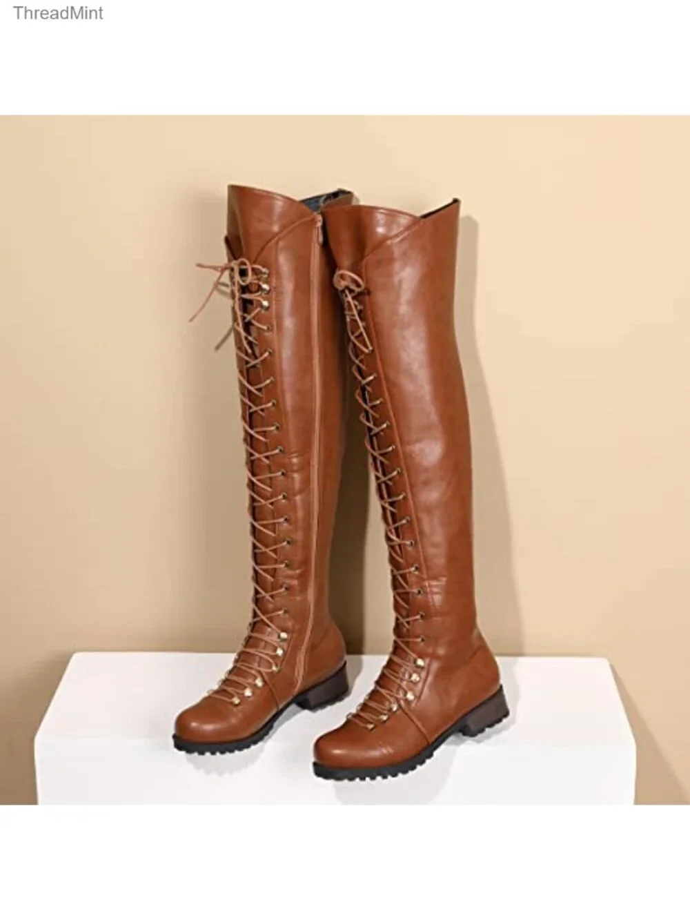 Over The Knee Boots Lace-up Flat Long Boot PU Leather Riding Boot Women